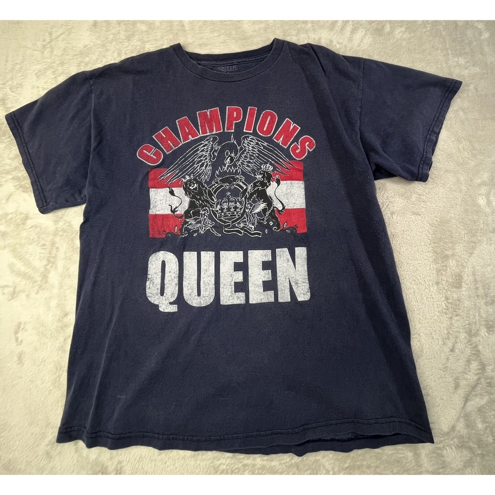 QUEEN Mens L Shirt Blue Champions Graphic Print Band Tee 100% Cotton